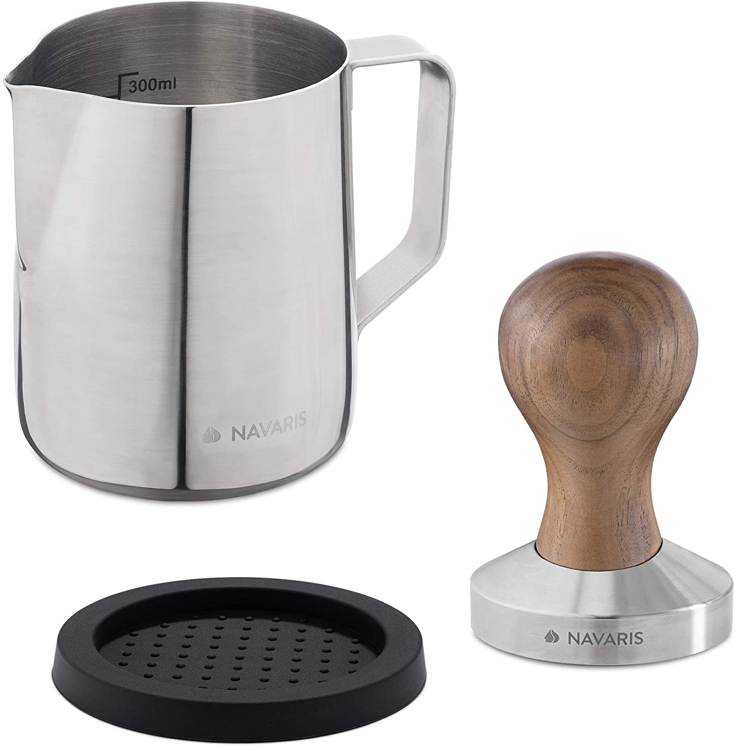 Navaris Πατητήρι Espresso με Βάση Σιλικόνης και Κανάτα Γάλακτος - Silver 
