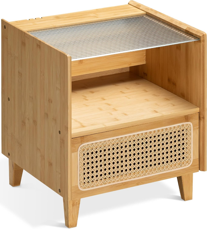 Navaris Rattan Nightstand - Ρουστίκ Κομοδίνο με Συρτάρι από Μπαμπού / Ρατάν & Γυαλί - 40 x 42.5 x 49.5 cm - Brown