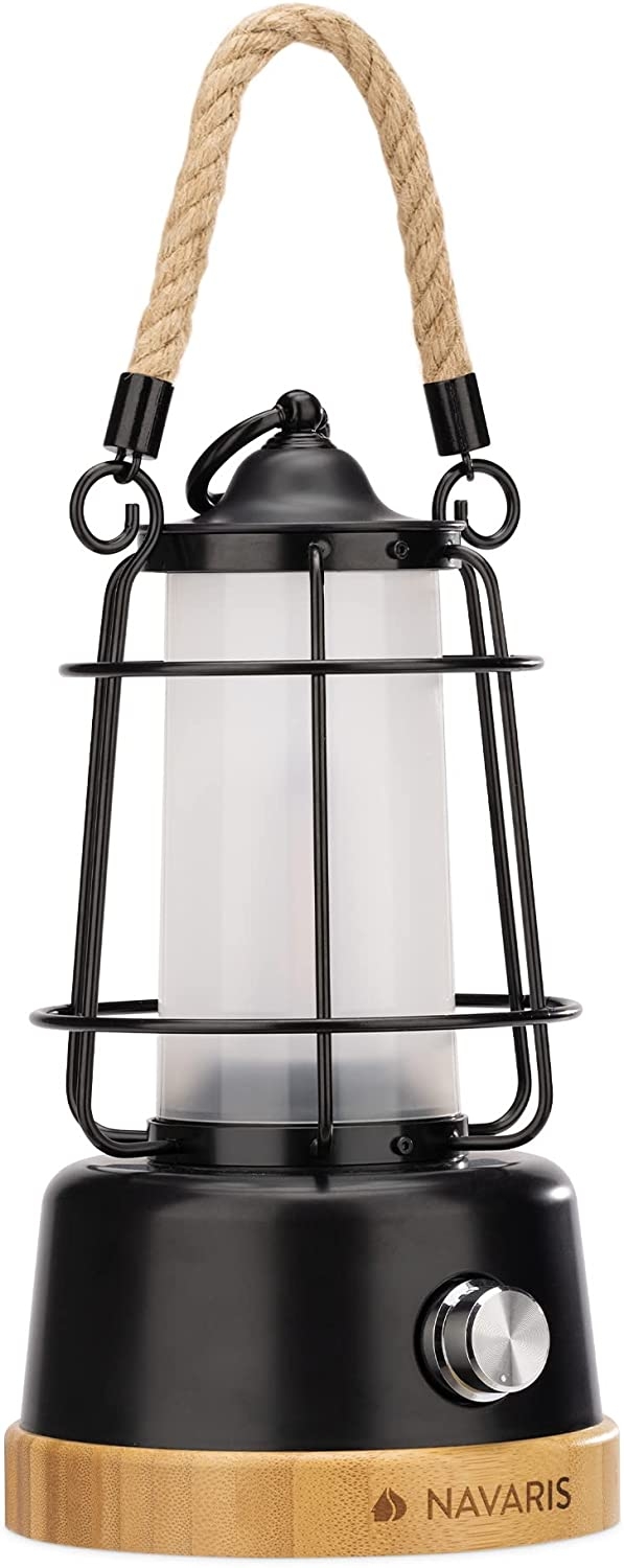 Navaris Rechargeable LED Latern - Επαναφορτιζόμενο LED Φανάρι από Μπαμπού και Μέταλλο με PowerBank 5000mAh με 1 x USB-A - 12.6 x 12.6 x 23cm - Black