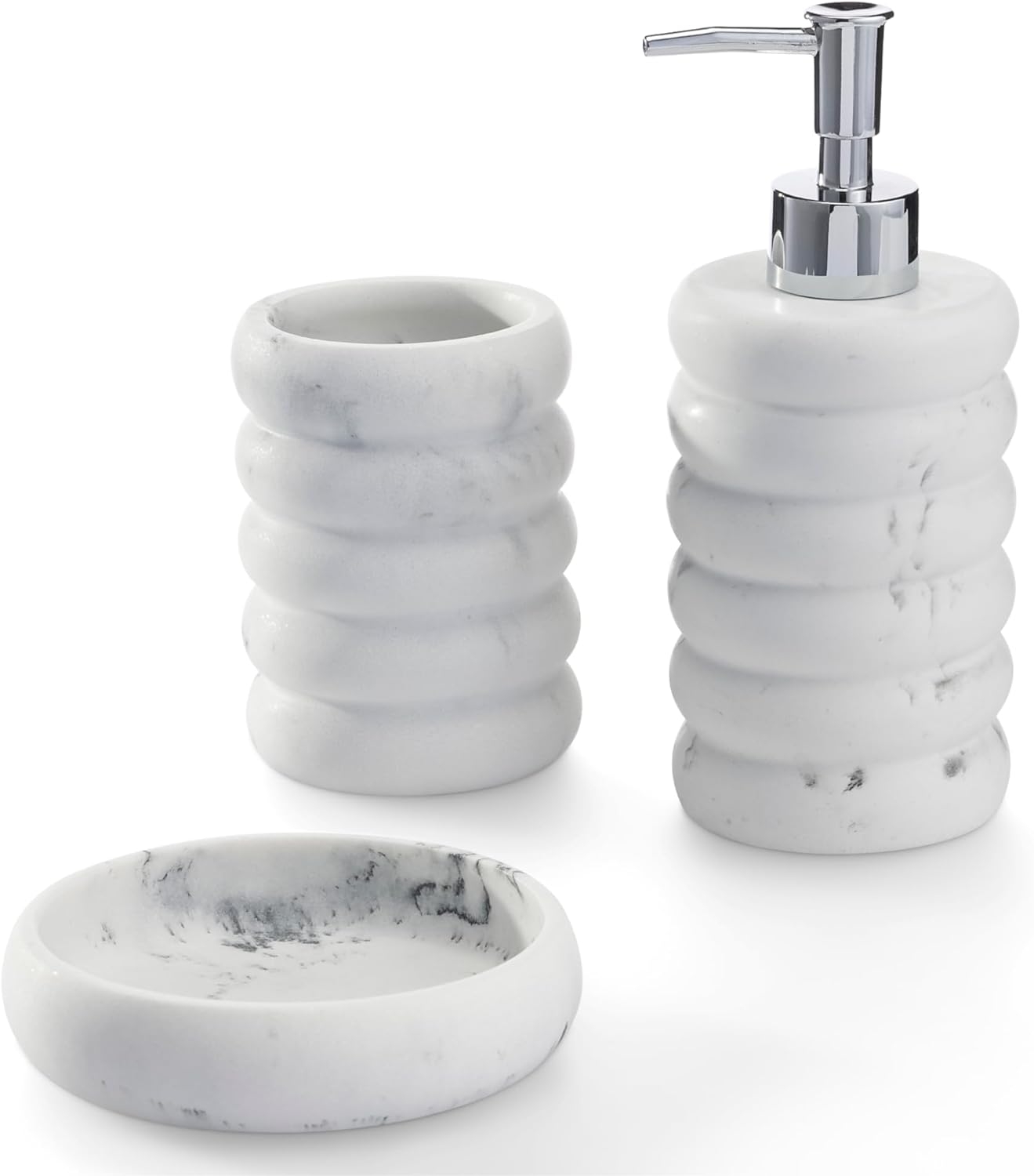 Navaris Ripple Bathroom Accessories Set - Σετ με 3 Αξεσουάρ Μπάνιου από Πολυρητίνη με Δοχείο Σαπουνιού / Δοχείο για Οδοντόβουρτσες / Βάση Σαπουνιού - White Marble
