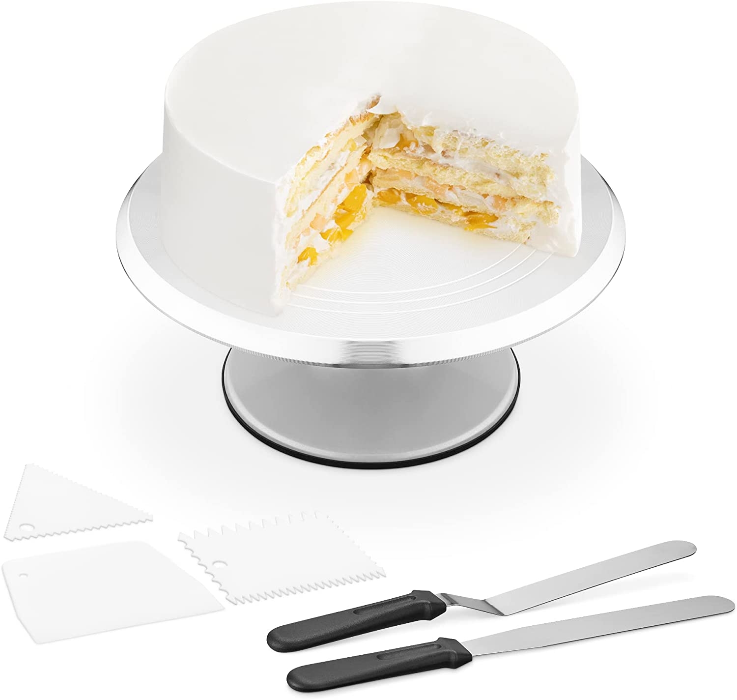 Navaris Rotating Cake Stand - Σετ Τουρτιέρα / Περιστρεφόμενη Βάση για Τούρτα / Κέικ από Αλουμίνιο και Ανοξείδωτο Ατσάλι με 2 x Σπάτουλες & 3 Ξύστρες - 30 cm - Grey