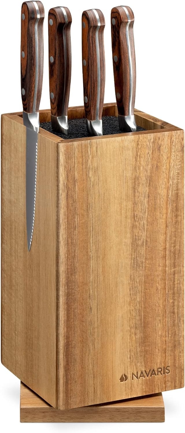 Navaris Rotating Magnetic Kitchen Knife Block with Bristles - Περιστρεφόμενη Μαγνητική Ξύλινη Βάση Αποθήκευσης Μαχαιριών από Ξύλο Ακακίας - 25 x 12.5 cm - Brown