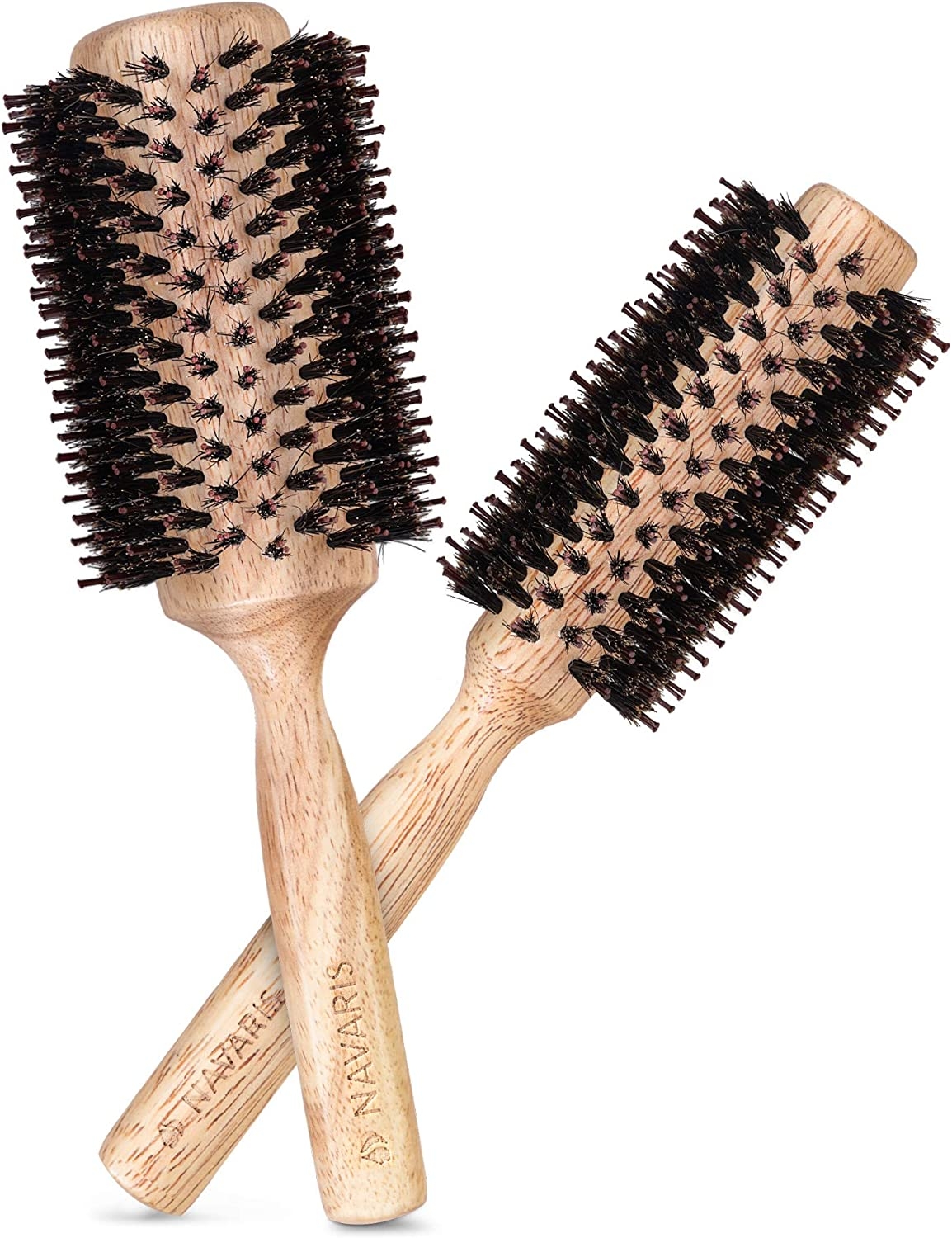 Navaris Round Boar Bristle Brush Set of 2 - Σετ με 2 Αντιστατικές Φυσικές Στρόγγυλες Ξύλινες Βούρτσες Μαλλιών - 40mm & 25mm - Brown
