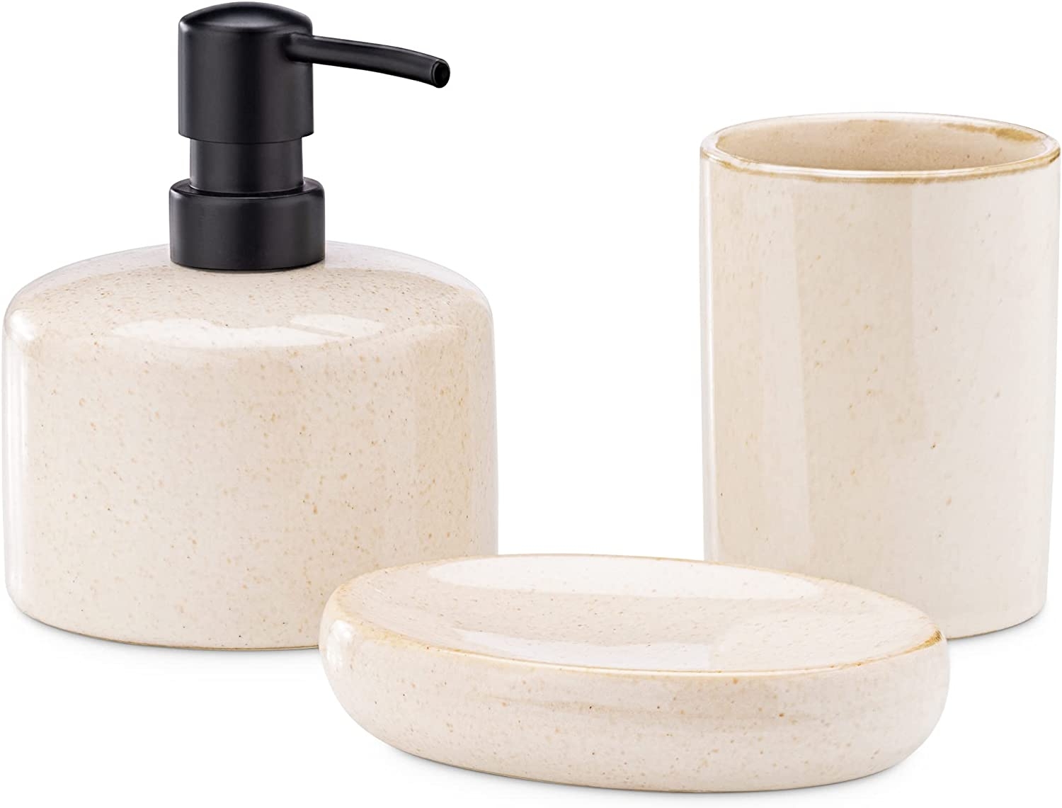 Navaris Sand Bathroom Set - Σετ με 3 Κεραμικά Αξεσουάρ Μπάνιου με Δοχείο Σαπουνιού / Δοχείο για Οδοντόβουρτσες / Βάση Σαπουνιού - Sand