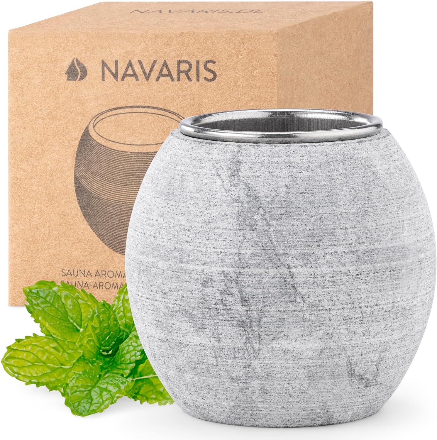 Navaris Sauna Aromatherapy Stone Cup - Μπολ Αρωματοθεραπείας από Σαπουνόπετρα & Ανοξείδωτο Ατσάλι για Σάουνα - 5 cm - Grey