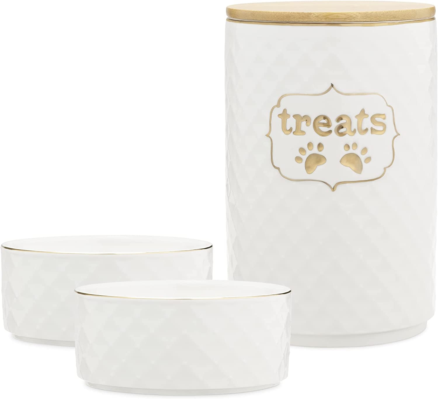 Navaris Σετ με 1 x Κεραμικό Δοχείο Αποθήκευσης Λιχουδιών με Αεροστεγές Καπάκι από Μπαμπού 1800ml & 2 x  Κεραμικά Μπολ 400ml για Κατοικίδια - White