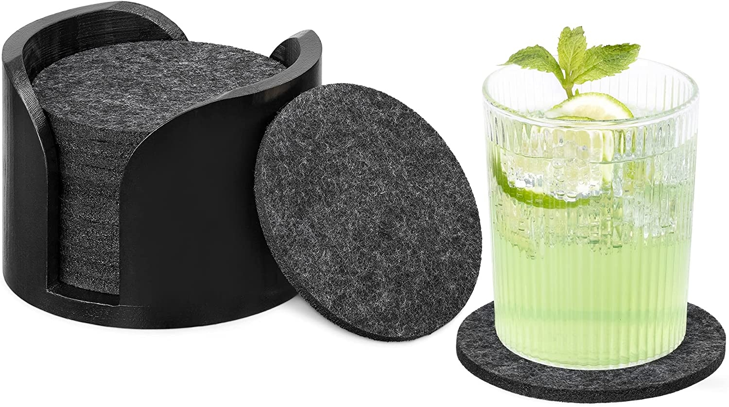 Navaris Σετ με 14 Σουβέρ για Ποτήρια με Ξύλινη Βάση - Black