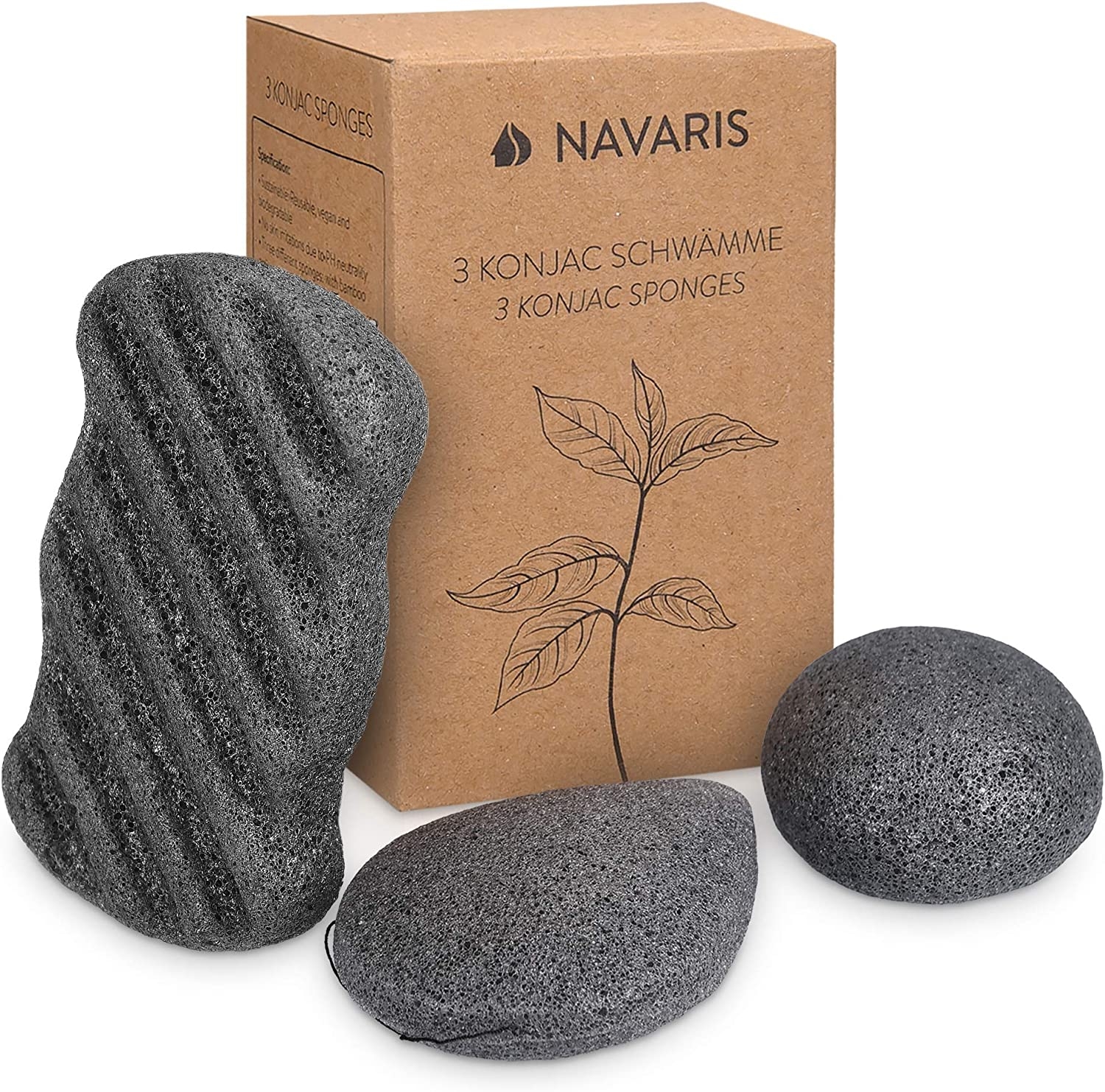 Navaris Σετ με 3 Σφουγγάρια Απολέπισης & Καθαρισμού Προσώπου και Σώματος από Konjac & Ενεργό Άνθρακα Bamboo - Black