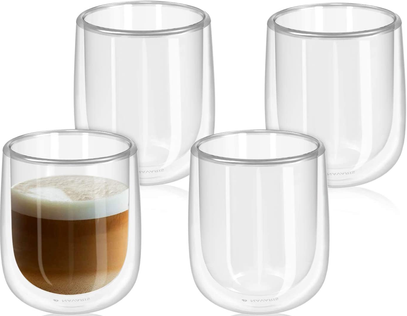 Navaris Set of 4 Double Walled Glass Mugs - Σετ 4 Γυάλινες Κούπες Διπλής Όψεως - 350ml - Transparent