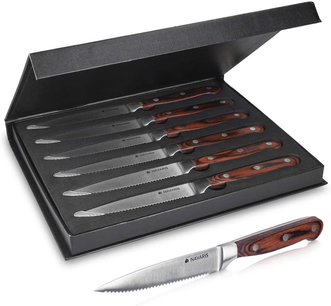 Navaris Set of Steak Knives - Σετ με 6 Μαχαίρια από Ανοξείδωτο Ατσάλι με Λαβή από Ξύλο Pakka και Κουτί Αποθήκευσης - Brown