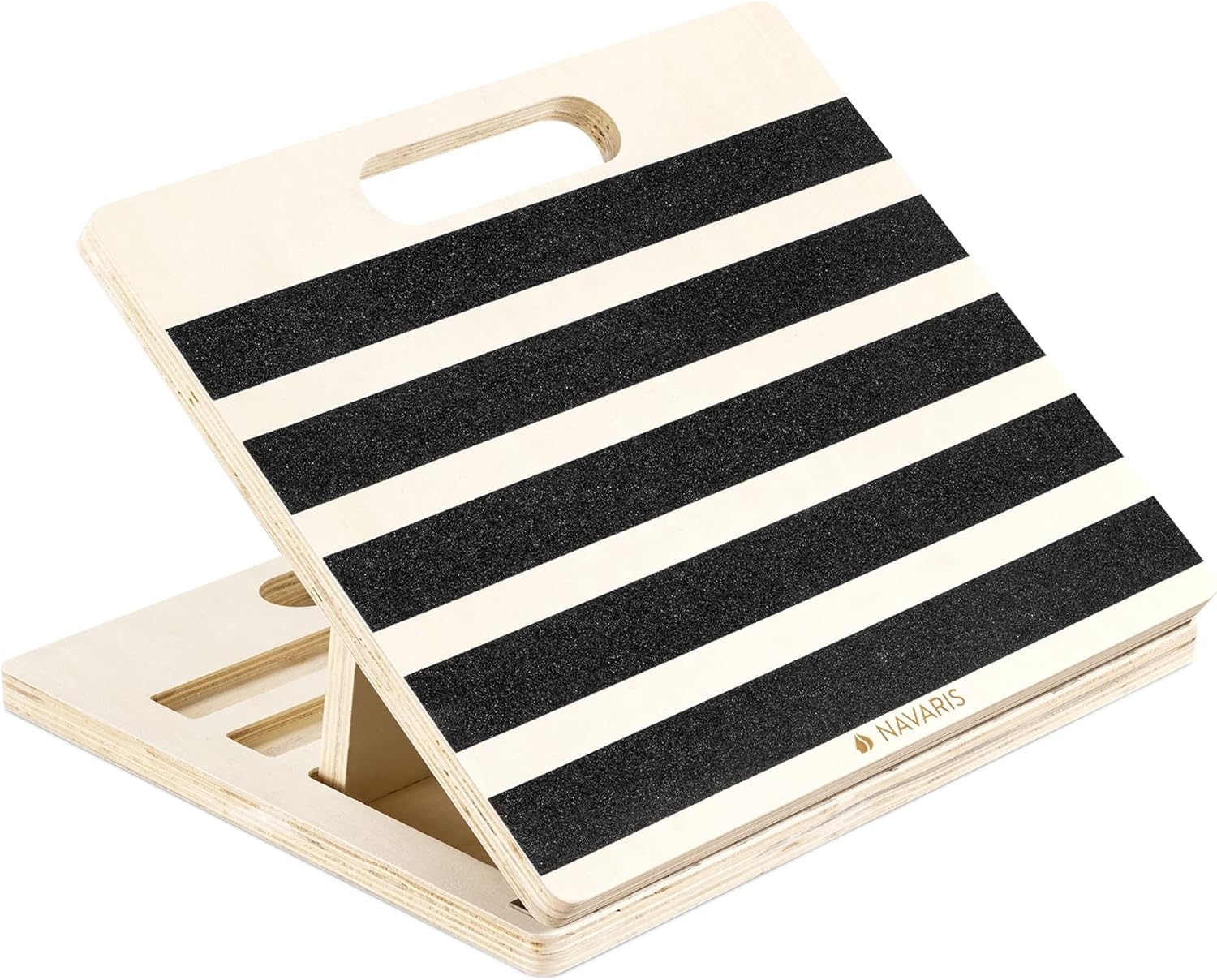 Navaris Sland Board - Ξύλινη Αντιολισθητική Σανίδα για Εκγύμναση & Διατάσεις Γάμπας / Υποπόδιο Γραφείου 3 Επιπέδων - 33 x 38 x 4cm - Brown / Stripes