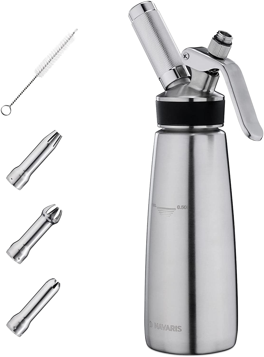 Navaris Stainless Steel Cream Dispenser - Μπουκάλι για Σαντιγί και Κρέμες από Ανοξείδωτο Ατσάλι με 3 Κεφαλές - 500 ml