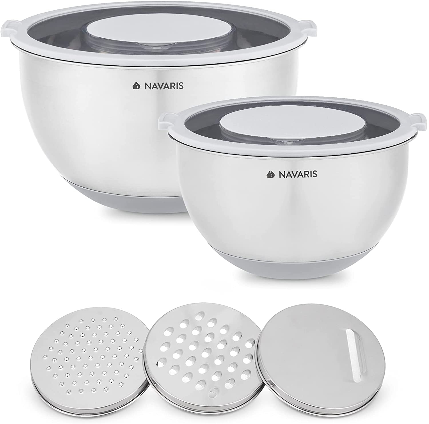 Navaris Stainless Steel Mixing Bowls and Graters - Σετ με 2 Μεταλλικά Δοχεία Φαγητού με Καπάκι και 3 Τρίφτες - Grey