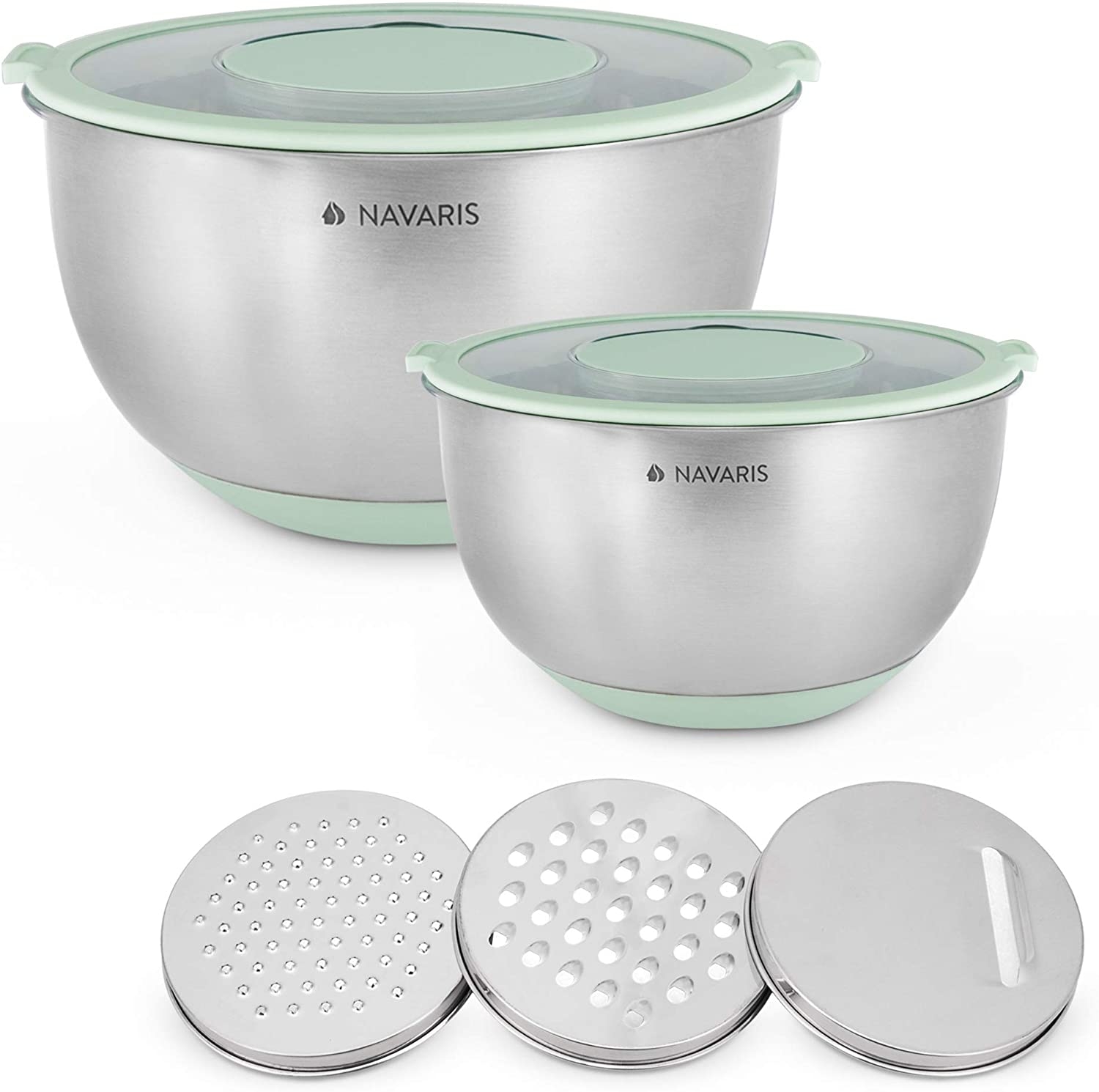 Navaris Stainless Steel Mixing Bowls and Graters - Σετ με 2 Μεταλλικά Δοχεία Φαγητού με Καπάκι και 3 Τρίφτες - Mint Green