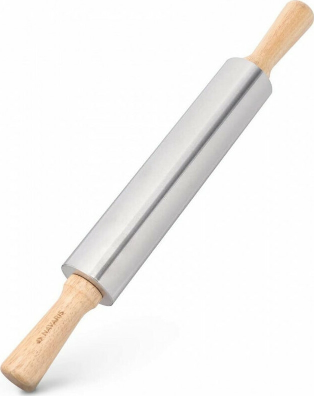 Navaris Stainless Steel Rolling Pin - Πλάστης από Ανοξείδωτο Ατσάλι με Ξύλινες Λαβές - Grey