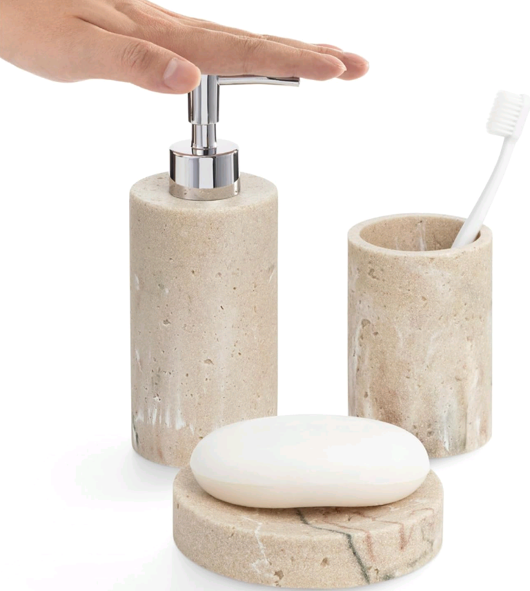 Navaris Stone Bathroom Accessories Set - Σετ με 3 Αξεσουάρ Μπάνιου από Πολυρητίνη με Δοχείο Σαπουνιού / Δοχείο για Οδοντόβουρτσες / Βάση Σαπουνιού - Beige Stone