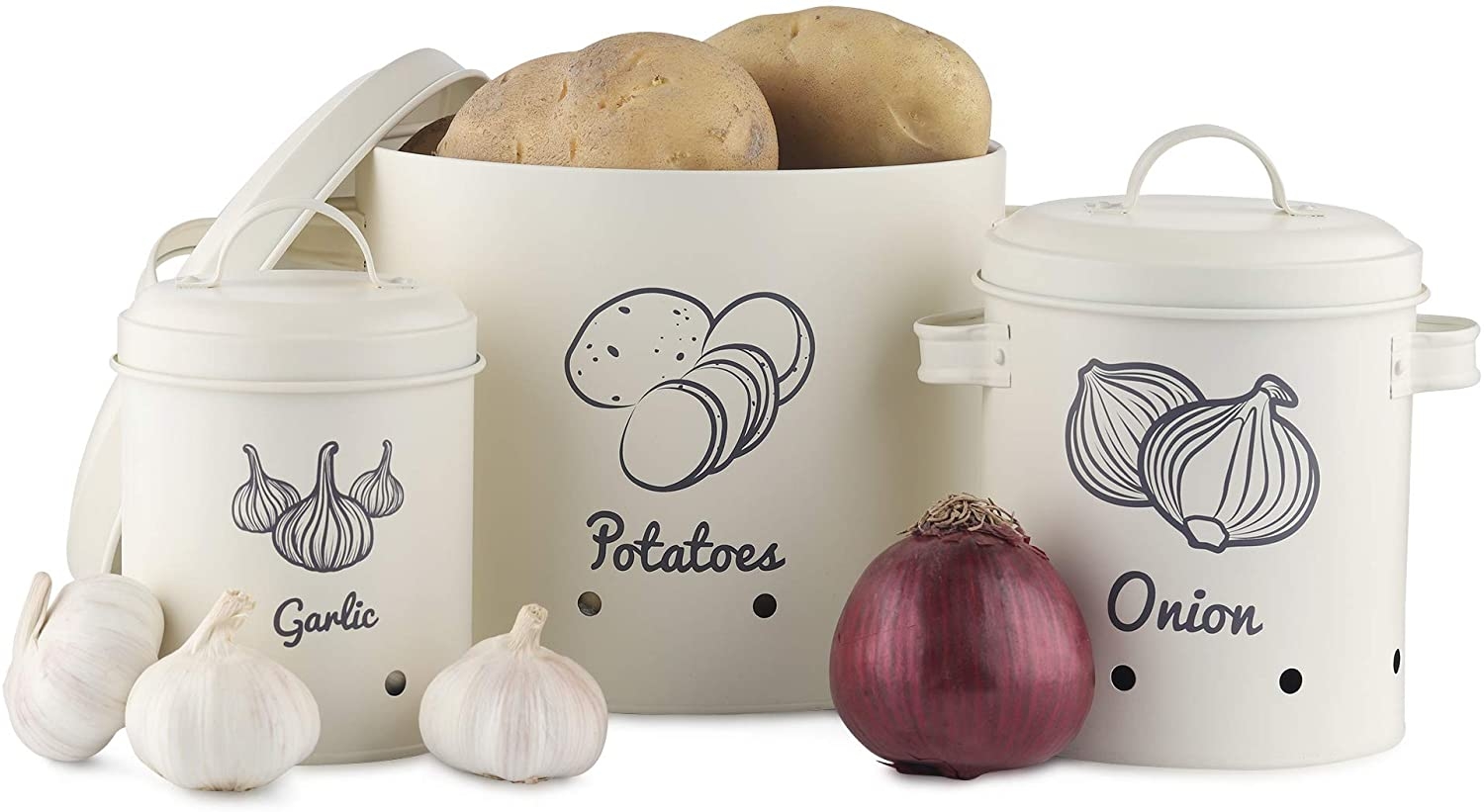 Navaris Storage Tins for Potatoes, Garlic, Onion - Σετ με 3 Δοχεία Αποθήκευσης Λαχανικών - Cream