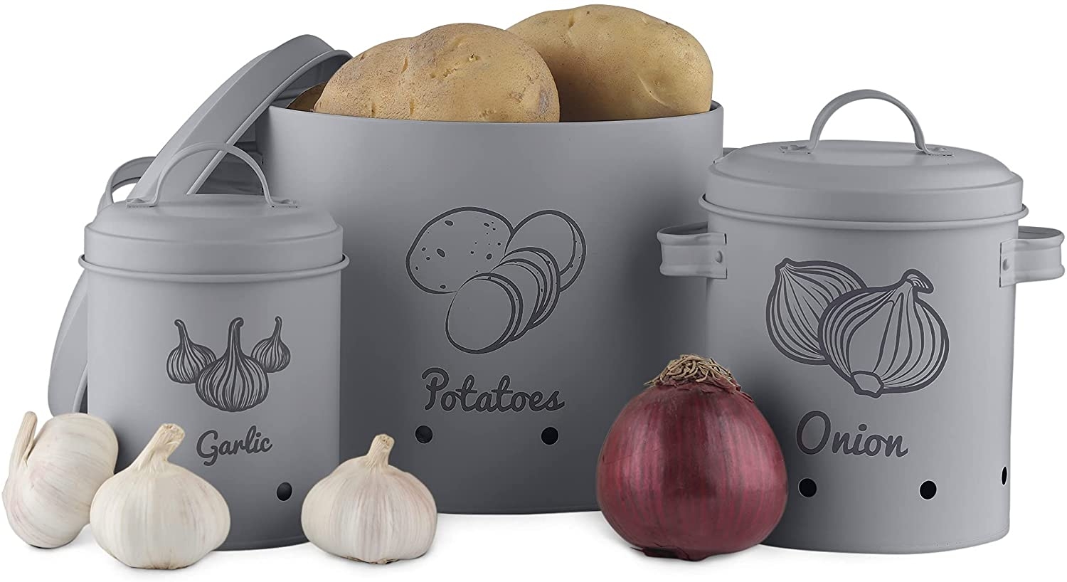 Navaris Storage Tins for Potatoes, Garlic, Onion - Σετ με 3 Δοχεία Αποθήκευσης Λαχανικών - Dark Grey