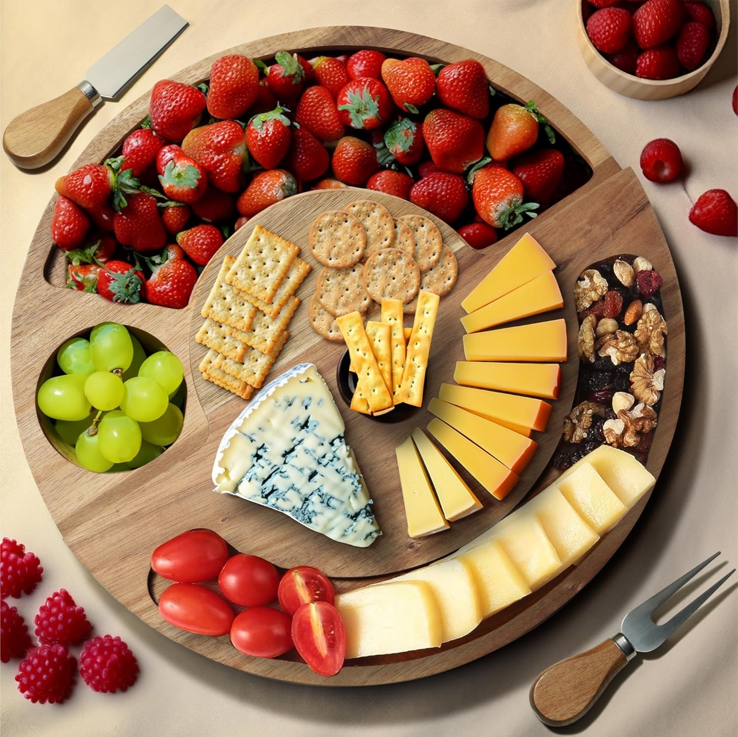 Navaris Swivel Cheese Charcuterie Board - Σετ Περιστρεφόμενη Πιατέλα με Μαχαίρι & Πιρούνι Τυριού / Πλατώ Σερβιρίσματος Τυριών από Ξύλο Ακακίας - 31cm - Brown
