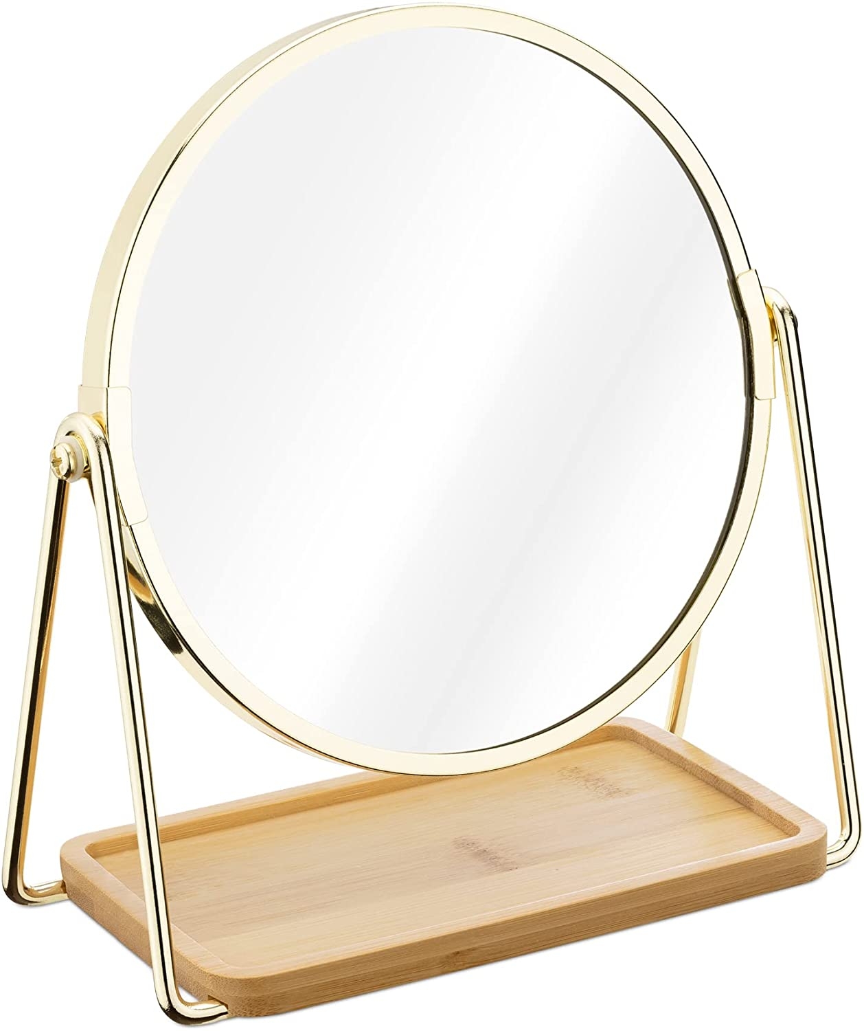 Navaris Tabletop Mirror with Tray - Καθρέπτης Μακιγιάζ με Βάση για Κοσμήματα από Μπαμπού - Gold