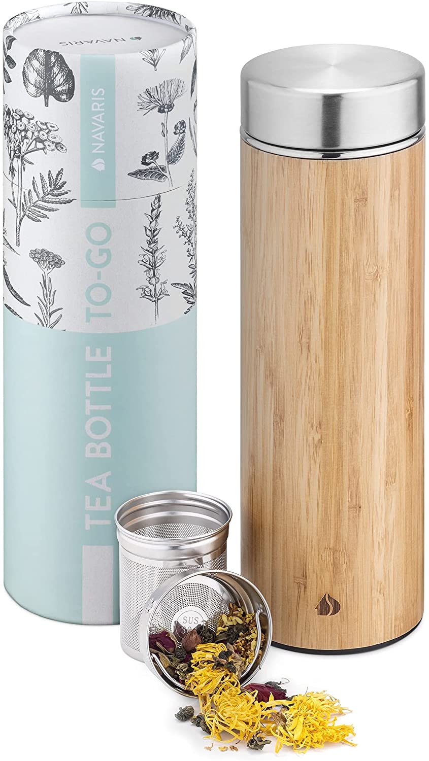 Navaris Tea Bottle To-Go - Μπουκάλι Τσαγιού από Μπαμπού και Ανοξείδωτο Ατσάλι - 500ml