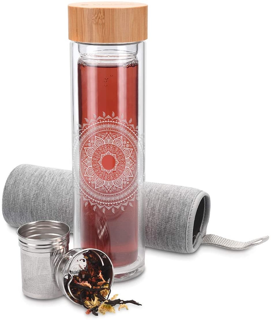 Navaris Tea Bottle To-Go - Γυάλινο Μπουκάλι Τσαγιού με Θήκη Μεταφοράς - 500ml - Indian Sun - Clear 