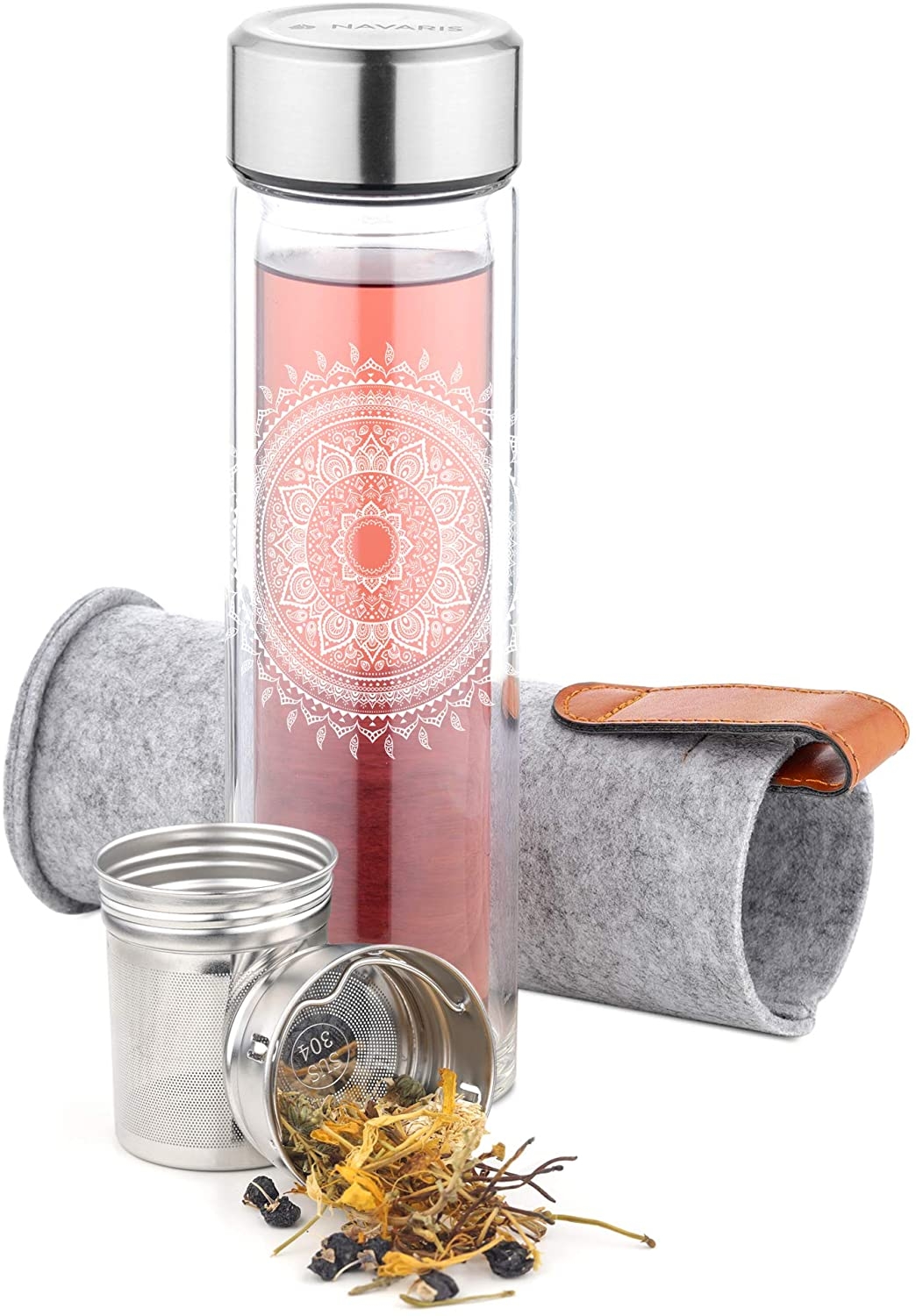 Navaris Tea Bottle To-Go - Γυάλινο Μπουκάλι Τσαγιού με Θήκη Μεταφοράς & Λουράκι PU - 500ml - Indian Sun - Clear