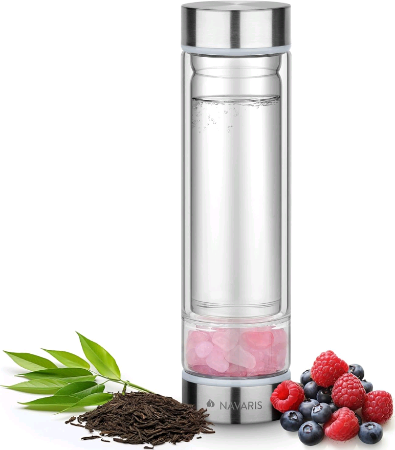 Navaris Tea Bottle with Gemstones - Γυάλινο Μπουκάλι Τσαγιού & Νερού με Πέτρες Rosequarz και Θήκη - 450ml - Clear / Pink
