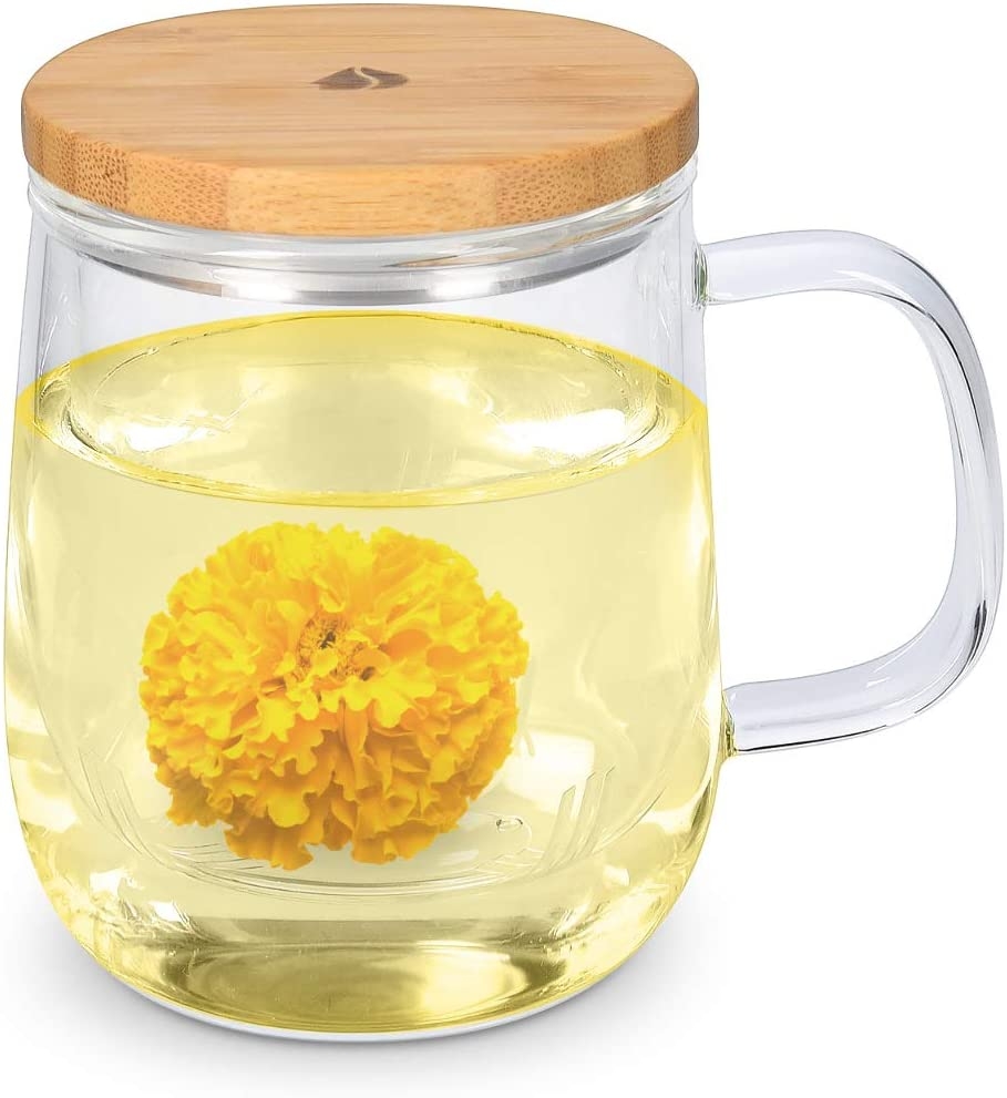 Navaris Tea Mug with Infuser and Bamboo Lid - Γυάλινη Κούπα Τσάι με Καπάκι από Μπαμπού και Φίλτρο - 500ml - Clear