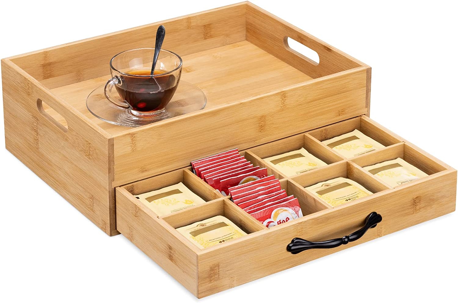 Navaris Tea Tray with Tea Bag Organizer Drawer - Δίσκος Σερβιρίσματος Τσαγιού από Μπαμπού με Συρτάρι Οργάνωσης 12 Θέσεων - 38 x 28 x 12.7 cm - Light Brown