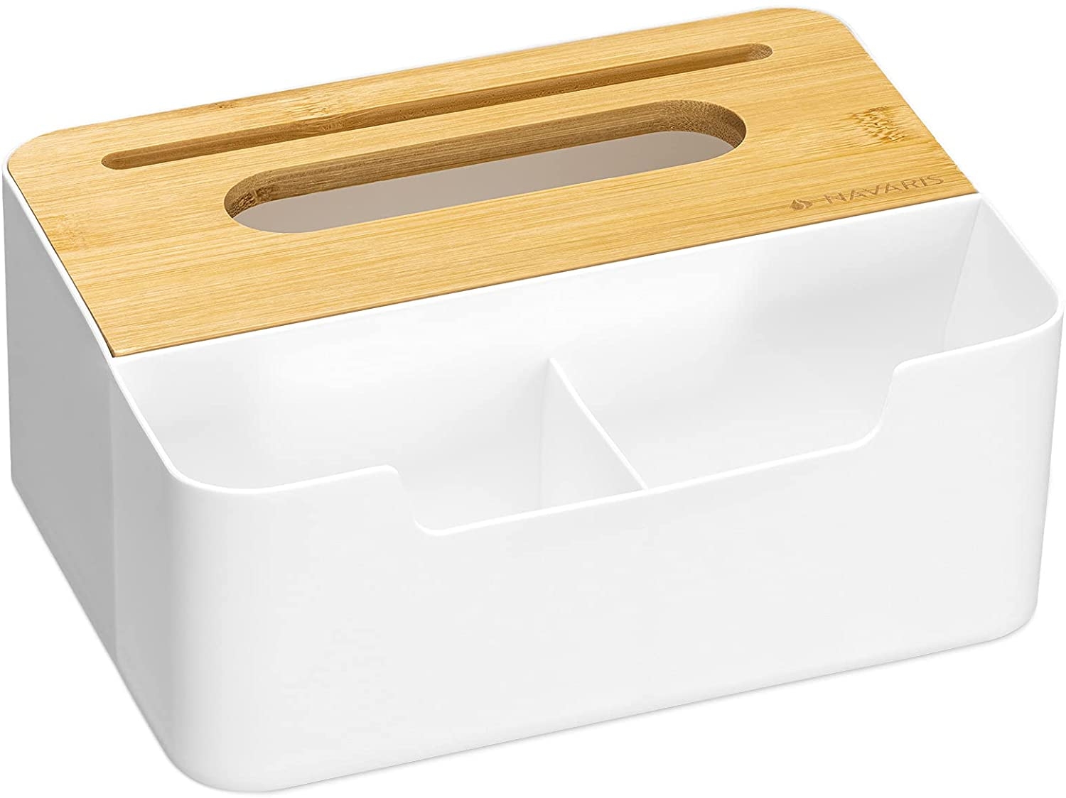 Navaris Tissue Box with Compartments - Κουτί από Μπαμπού για Χαρτομάντηλα και Καλλυντικά με Υποδοχή για Κινητό - White / Brown