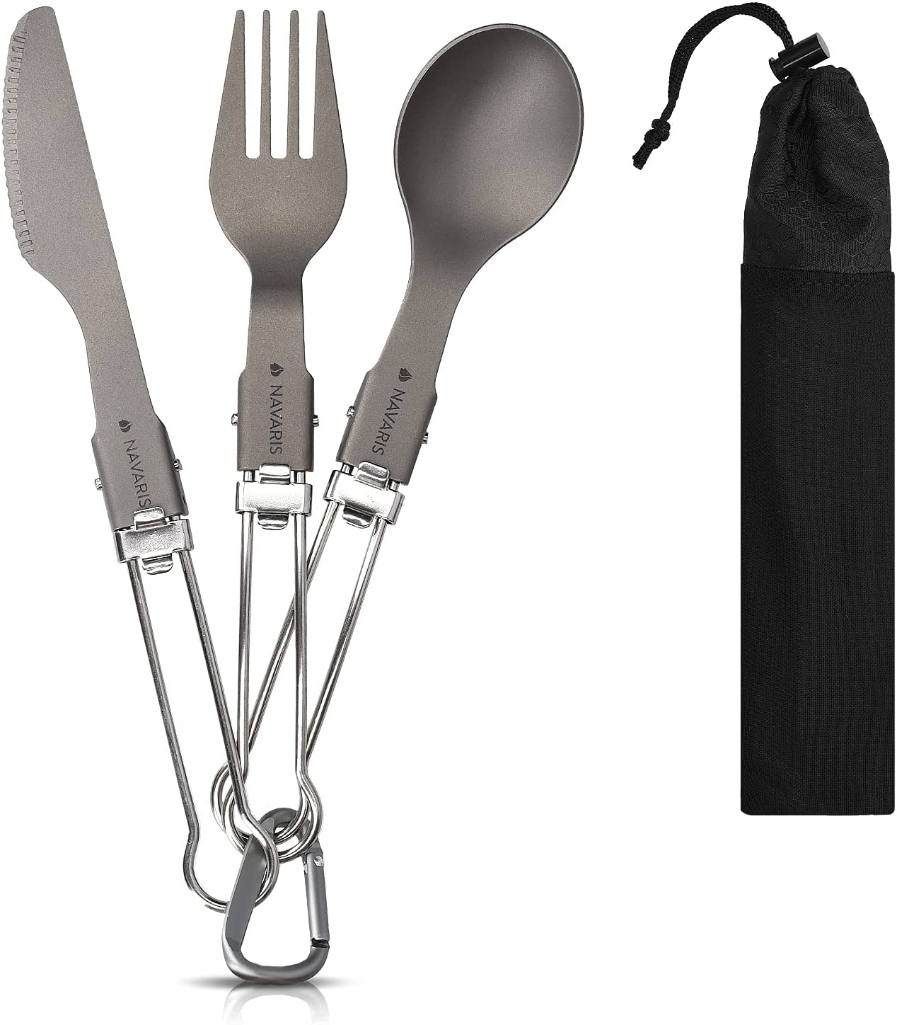 Navaris Titanium Camping Cutlery Set - Φορητό Σετ με Αναδιπλούμενο Κουτάλι / Πιρούνι / Μαχαίρι από Τιτάνιο με Κλιπ Οργάνωσης και Θήκη Μεταφοράς - Grey