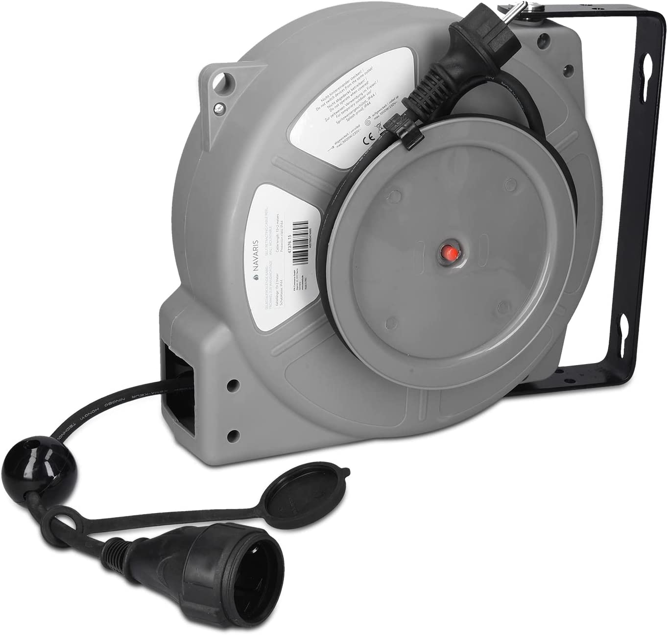 Navaris Wall Mountable Self Retracting Cable Reel - Επιτοίχια Μπαλαντέζα με Αυτόματη Επαναφορά με 1 x Υποδοχή Schuko - 13+2m - IP44 - Grey