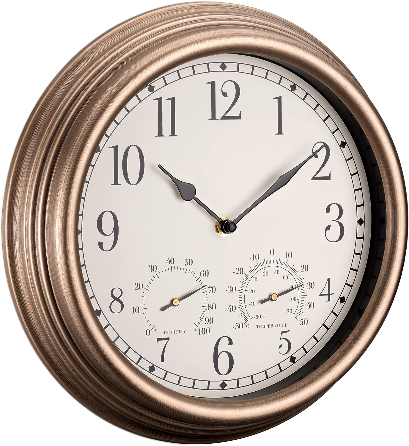 Navaris Waterproof Outdoor Clock - Αθόρυβο Αναλογικό Ρολόι Τοίχου Εσωτερικού & Εξωτερικού Χώρου με Θερμόμετρο και Υγρόμετρο - 30 cm - Copper