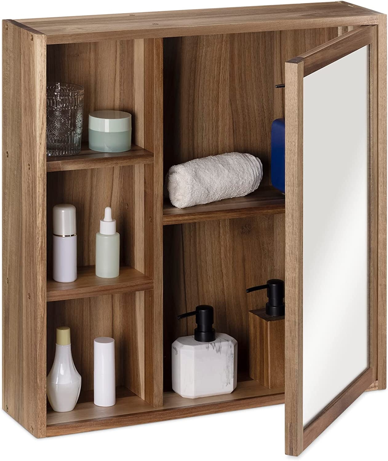 Navaris Wood Bathroom Cabinet with Mirror - Ντουλάπι Τοίχου / Έπιπλο Μπάνιου με Καθρέπτη από Ξύλο Ακακίας - 60.5 x 60 x 14 cm - Brown