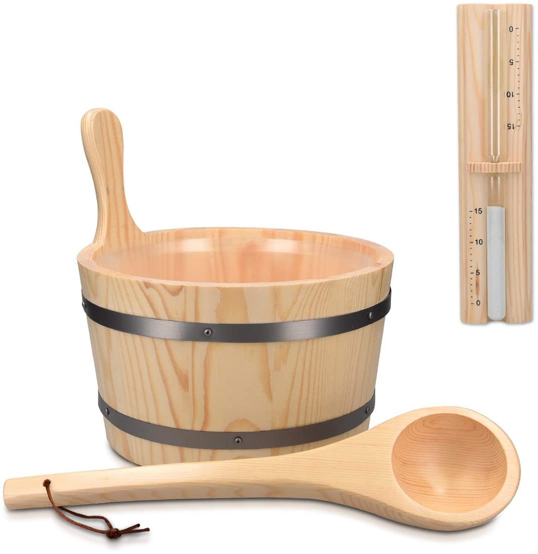 Navaris Wood Sauna Kit - Σετ Κάδος Σάουνας με Κουτάλα και Κλεψύδρα από Ξύλο Πεύκου - 5L - Light Brown