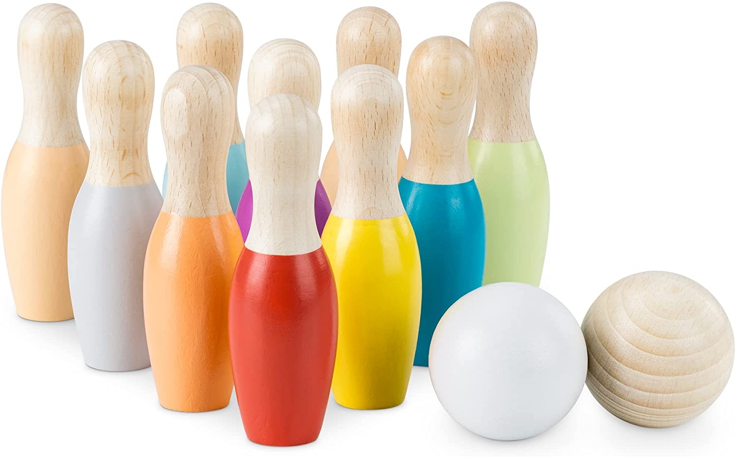 Navaris Wooden Bowling Set for Kids - Σετ Παιχνίδι Μπόουλινγκ για Παιδιά με 10 Κορίνες και 2 Μπάλες από Ξύλο