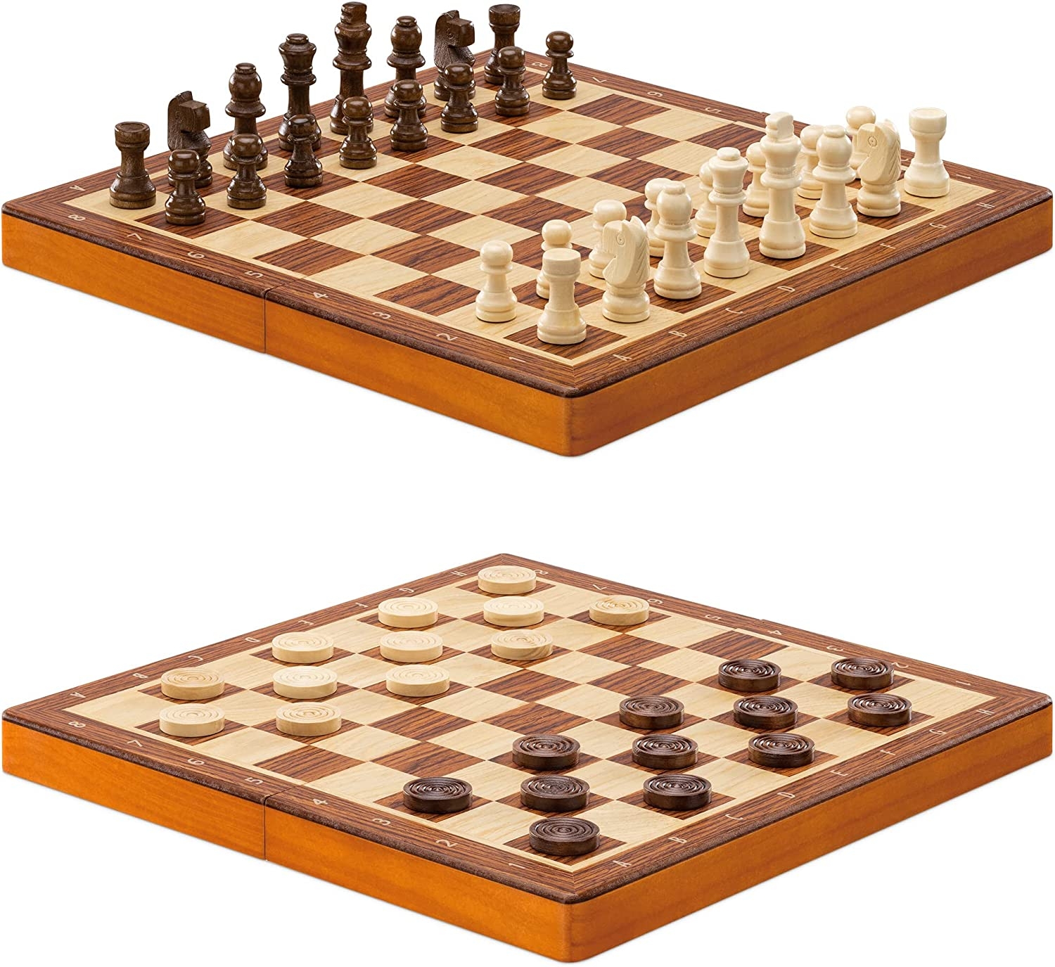Navaris Wooden Chess and Checkers - Φορητό Σκάκι / Ντάμα από Μασίφ Ξύλο με 56 Πούλια & Πιόνια - 29 x 29cm - Brown