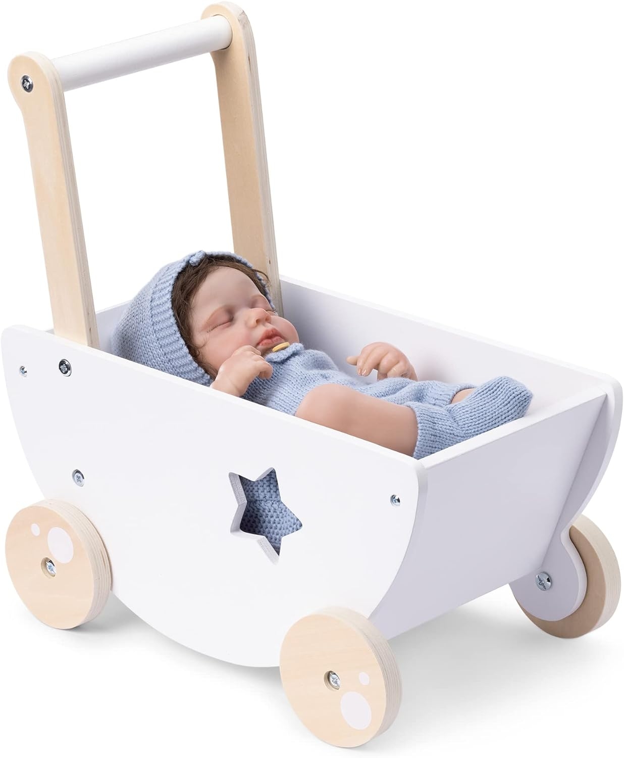 Navaris Wooden Doll Pram - Σετ Παιδικό Ξύλινο Καροτσάκι με Κουβέρτα και Μαξιλάρι για Κούκλες - White