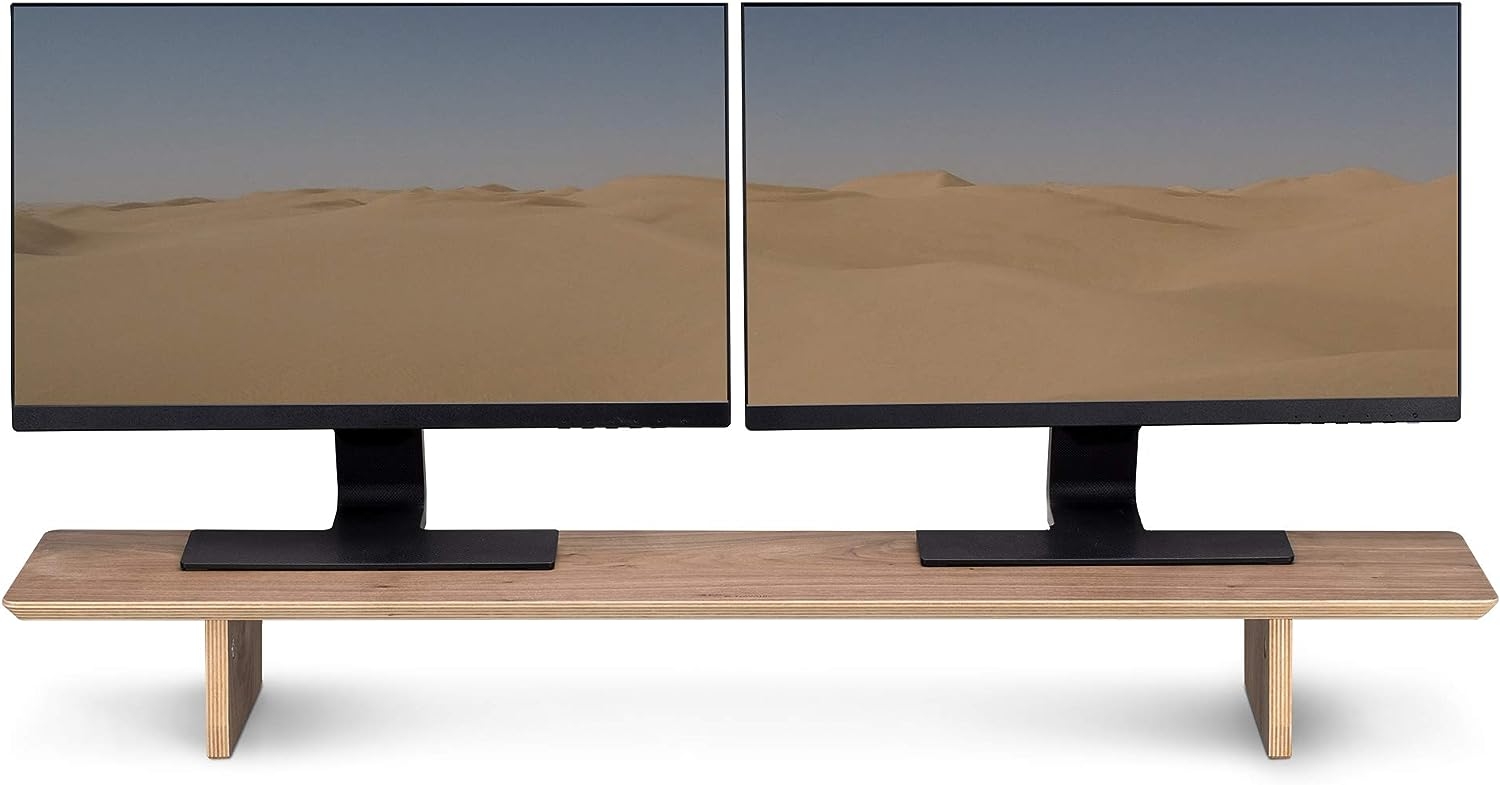 Navaris Wooden Double Monitor Stand - Βάση από Ξύλο Καρυδιάς για Δύο Οθόνες PC / TV / Notebook / Laptop / iMac - 109 x 23 x 12cm - Walnut / Dark Brown