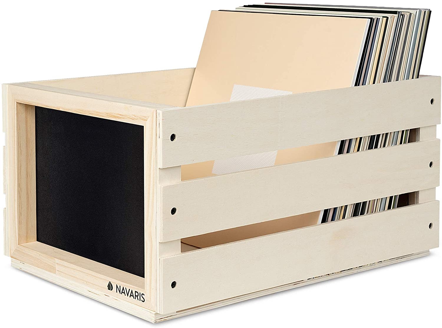 Navaris Wooden Record Box with Chalkboard - Ξύλινο Κουτί Αποθήκευσης με Μαυροπίνακα για Δίσκους Βινυλίου / LP - Light Brown