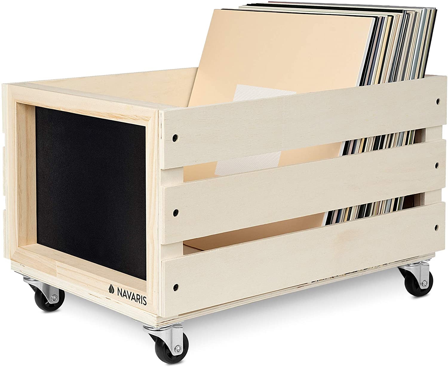 Navaris Wooden Record Box with Chalkboard - Ξύλινο Κουτί Αποθήκευσης με Ρόδες και Μαυροπίνακα για Δίσκους Βινυλίου / LP - Light Brown