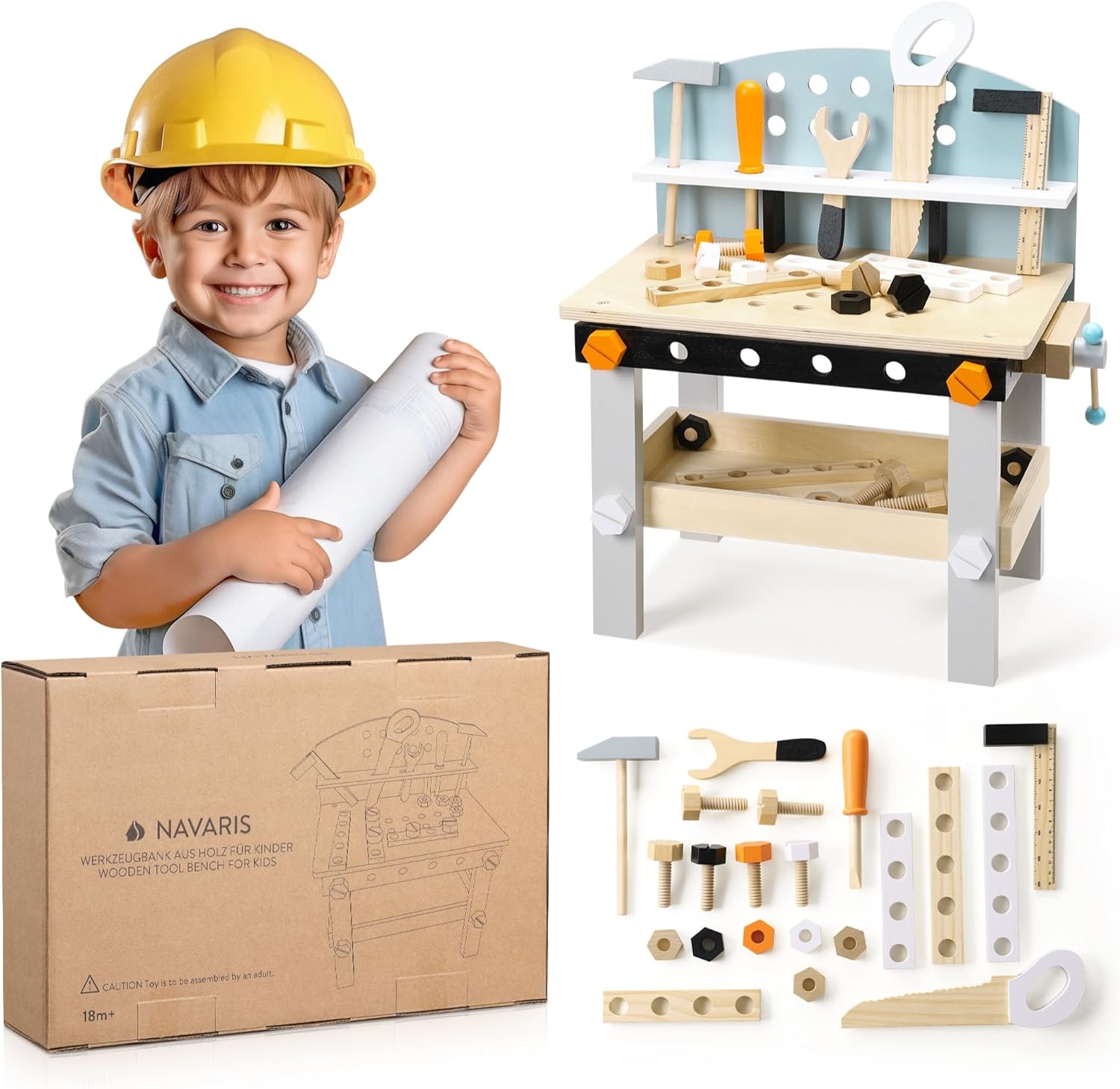 Navaris Wooden Tool Bench for Kids - Παιχνίδι Ξύλινος Πάγκος Εργασίας με Εργαλεία για Παιδιά - 45 x 29.5 x 49 cm
