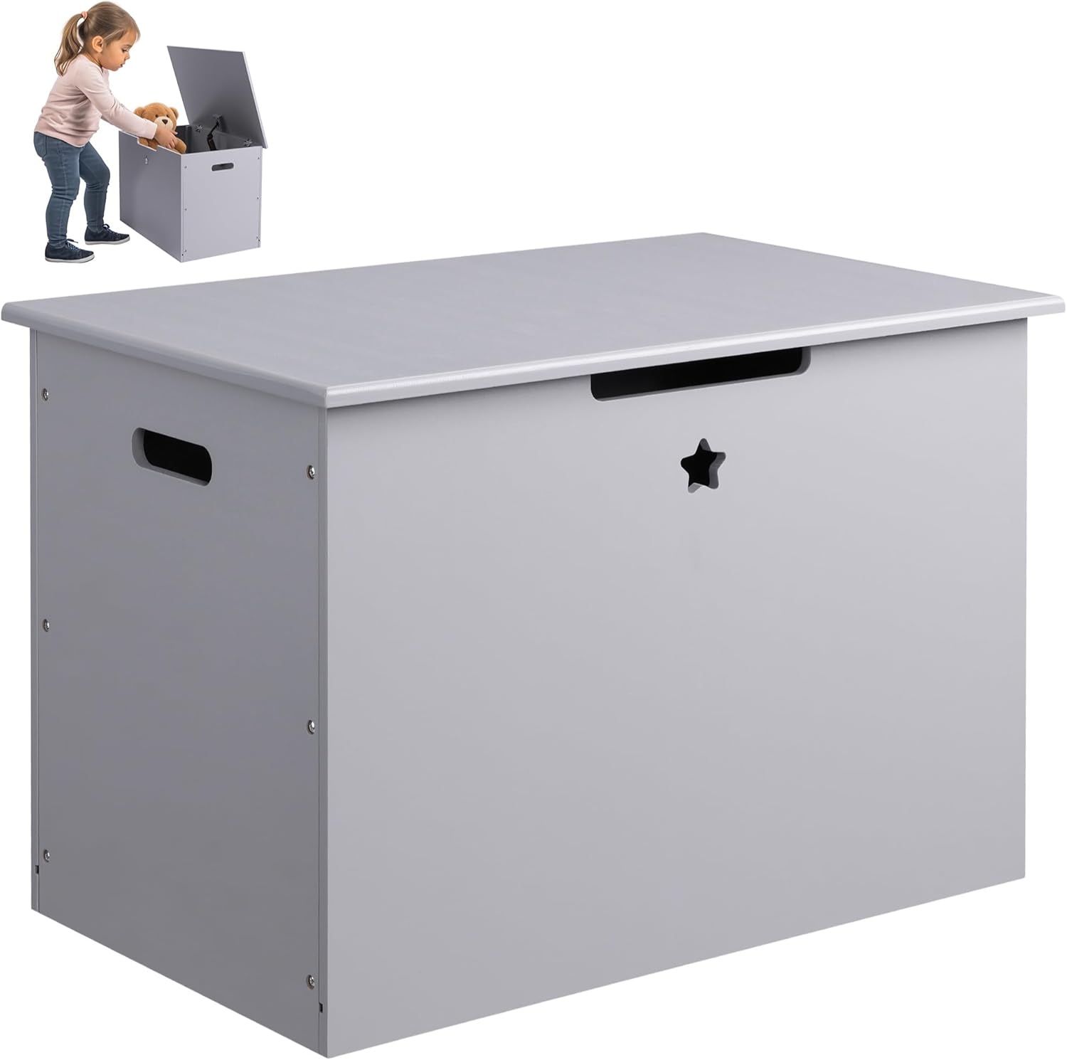 Navaris Wooden Toy Chest - Πτυσσόμενο Παιδικό Σκαμπό / Κουτί με Αποθηκευτικό Χώρο για Παιχνίδια από Ξύλο Πεύκου - Star Design / Grey