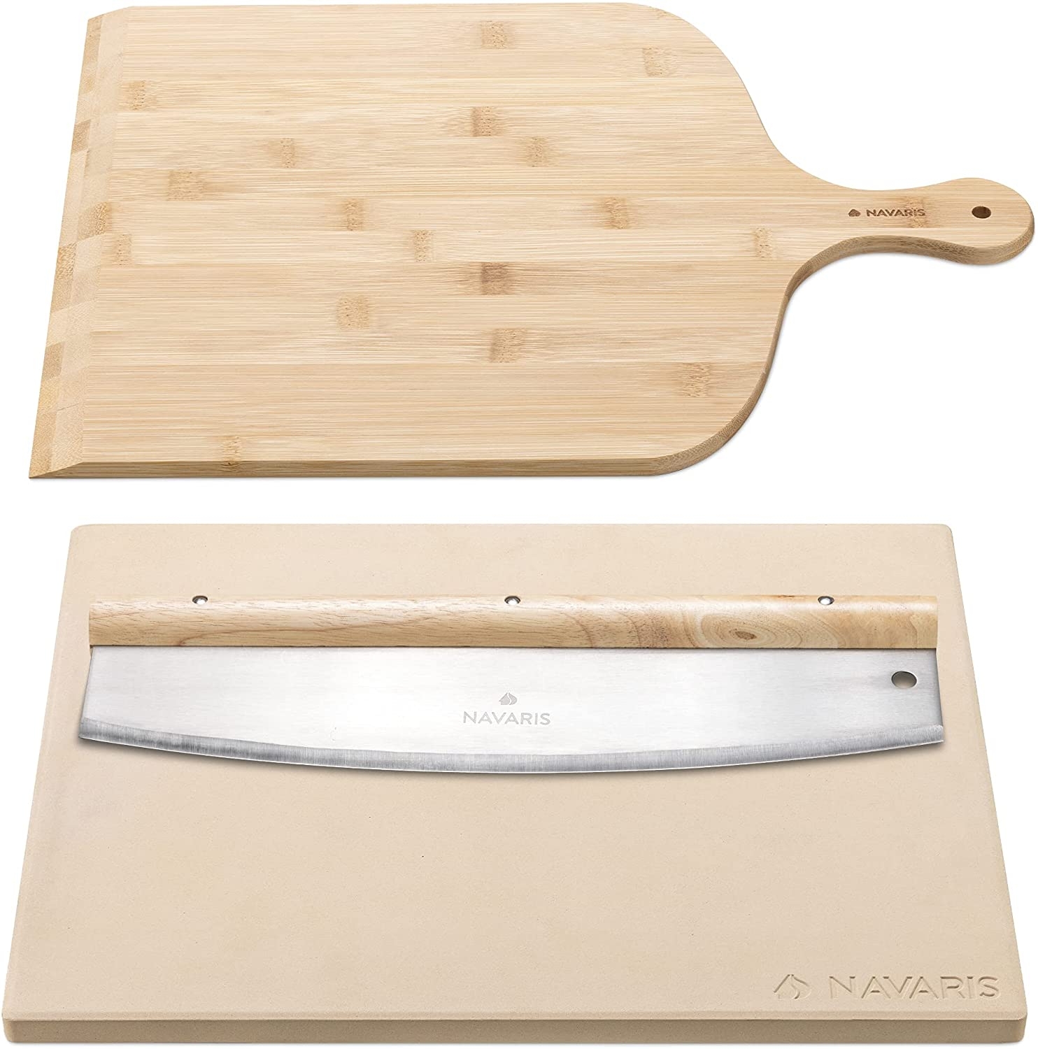Navaris XL Pizza Stone Set for Baking - Σετ Τετράγωνη Πέτρινη Πλάκα Ψησίματος Πίτσας & Φτυάρι Πίτσας από Bamboo & Μαχαίρι Mezzaluna – Brown