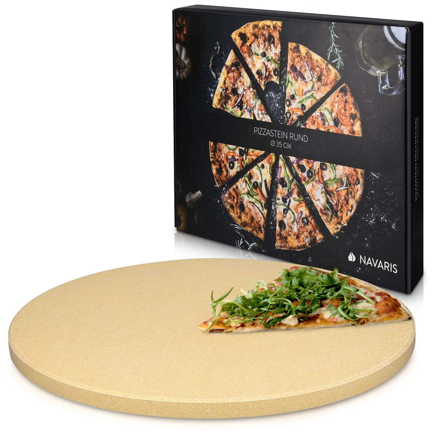 Navaris XL Pizza Stone - Στρογγυλή Πέτρινη Πλάκα Ψησίματος για Πίτσα - Brown