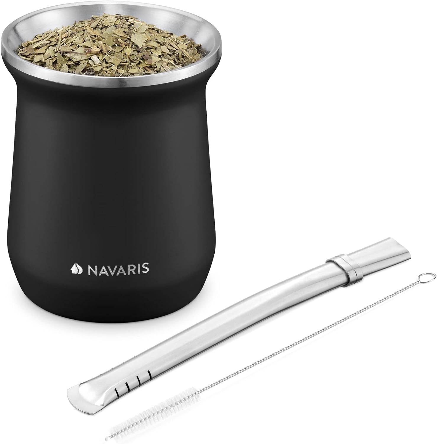 Navaris Yerba Mate Mug Set - Σετ με Κούπα Gourd Cup από Ανοξείδωτο Ατσάλι Διπλού Τοιχώματος / Καλαμάκι Bombilla & Βούρτσα για Τσάι Yerba Mate - 300 ml - Black