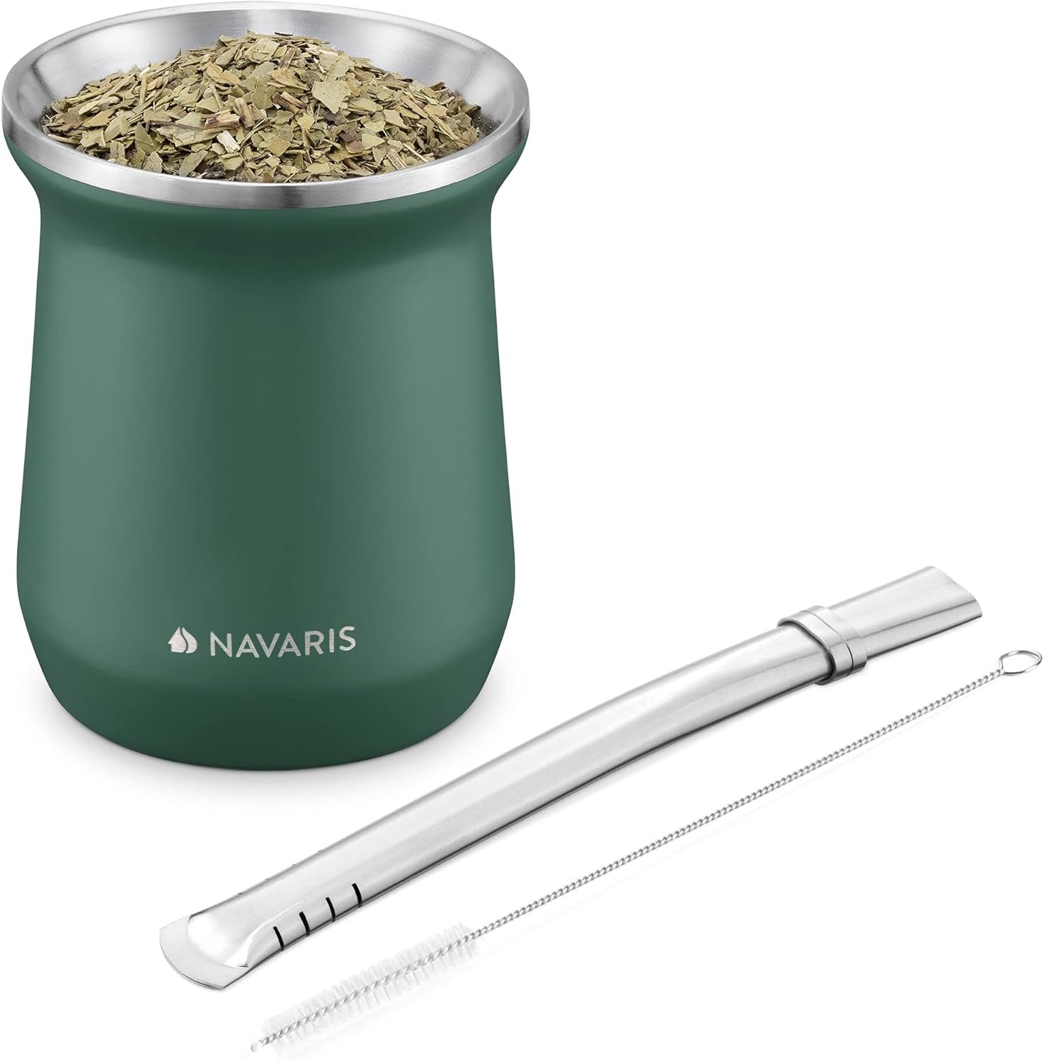 Navaris Yerba Mate Mug Set Σετ με Κούπα Gourd Cup από Ανοξείδωτο Ατσάλι Διπλού Τοιχώματος / Καλαμάκι Bombilla & Βούρτσα για Τσάι Yerba Mate 300 ml Green