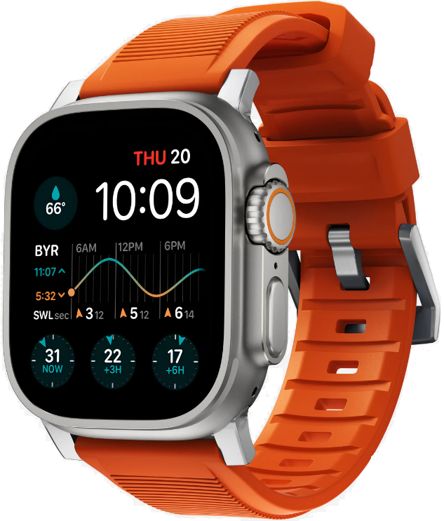 Nomad Rugged Band - Ανθεκτικό Αδιάβροχο Λουράκι από Καουτσούκ FKM - Apple Watch Ultra/SE/11/10/9/8/7/6/5/4 (49/46/45/44mm) - Ultra Orange / Silver