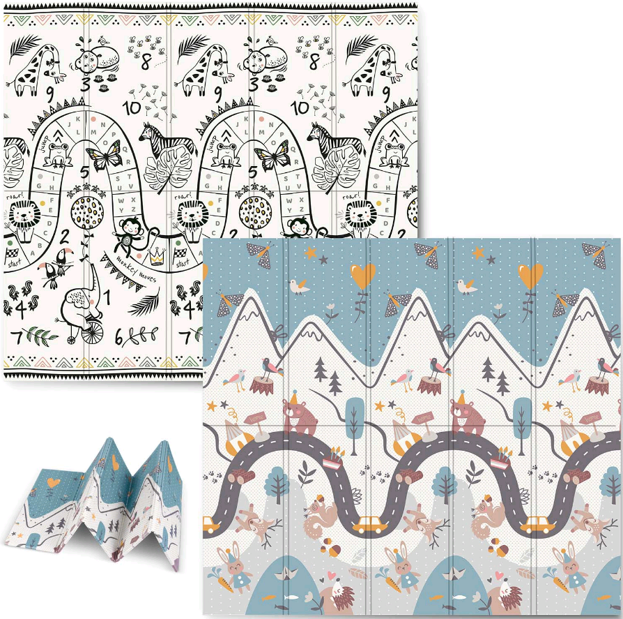 Nukido Baby Play Mat NK-340 - Αντιολισθητικό Αναδιπλούμενο Παιδικό / Βρεφικό Χαλάκι Δύο Όψεων για Δραστηριότητες / Παιχνίδι από Αφρό XPE - 200 x 180 x 1cm - Mountains / Safari
